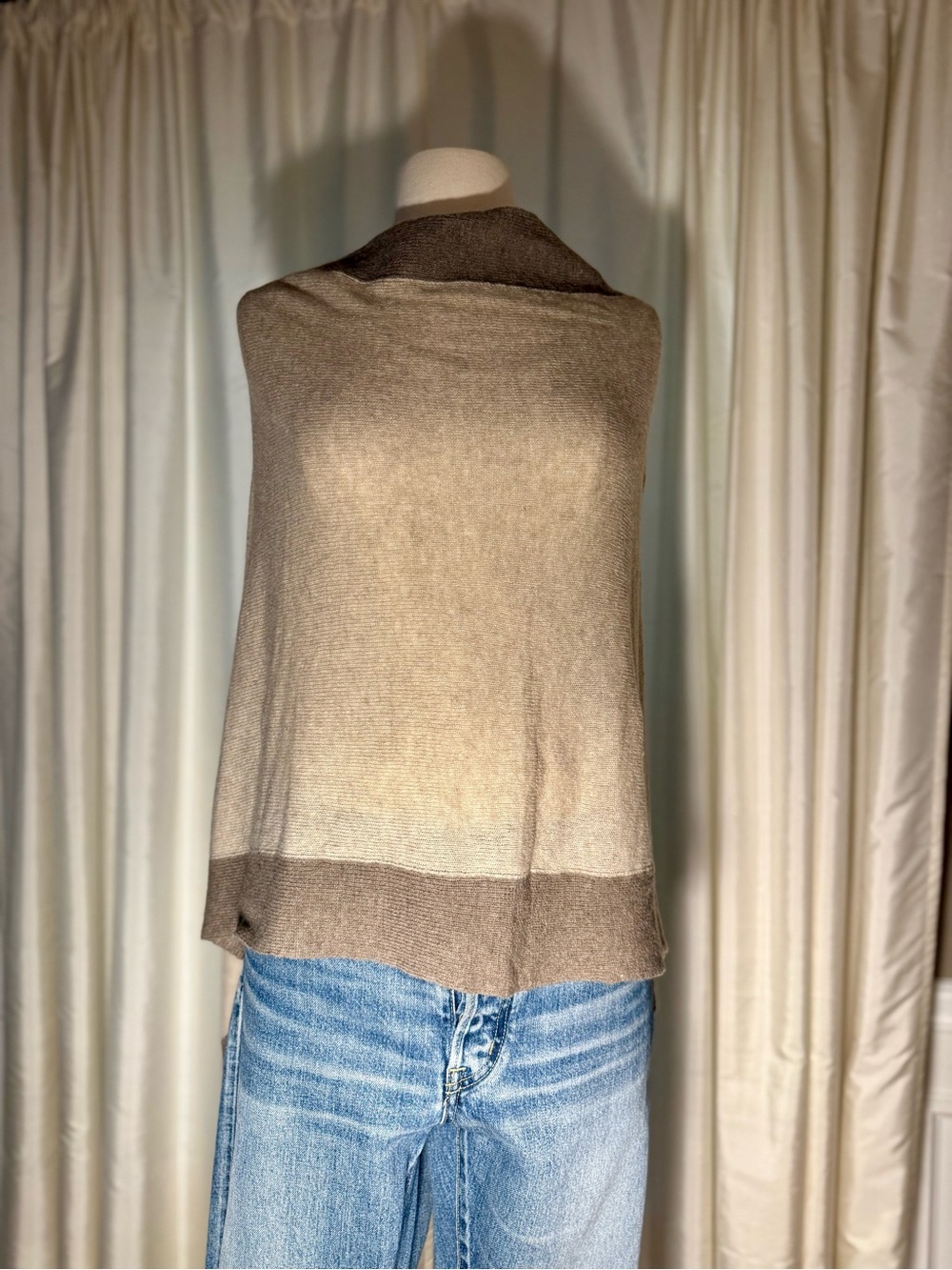 Reversible Taupe & Cream Women's Knit asymmetrical wrap/poncho